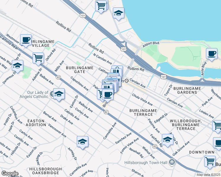 map of restaurants, bars, coffee shops, grocery stores, and more near 1210 Laguna Avenue in Burlingame