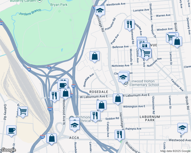 map of restaurants, bars, coffee shops, grocery stores, and more near 4000 Hill Monument Parkway in Richmond