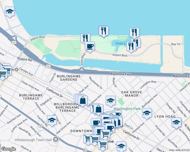 map of restaurants, bars, coffee shops, grocery stores, and more near 4 Winchester Place in Burlingame