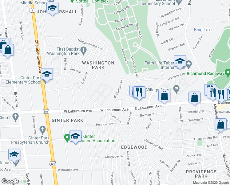 map of restaurants, bars, coffee shops, grocery stores, and more near 3918 West Chatham Drive in Richmond