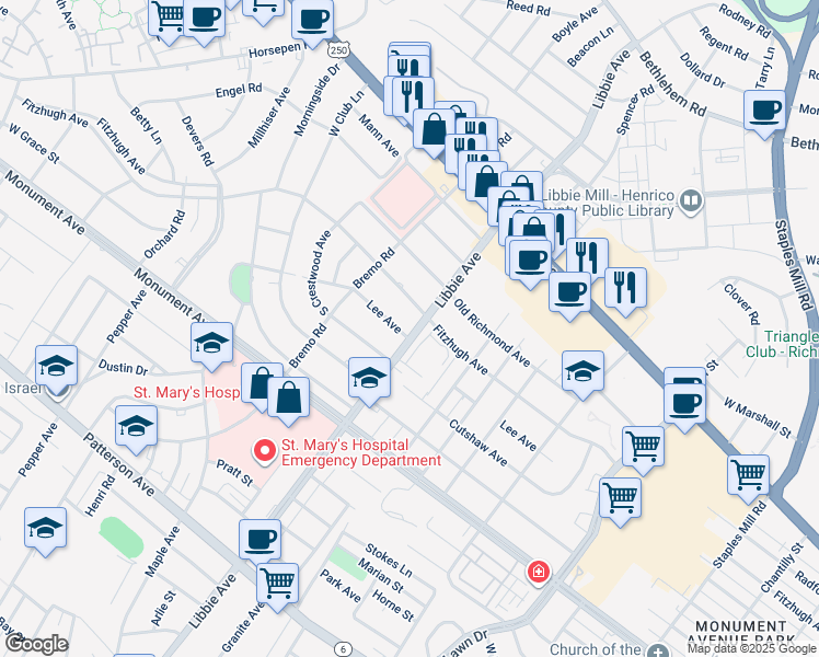 map of restaurants, bars, coffee shops, grocery stores, and more near 5800 Lee Avenue in Richmond