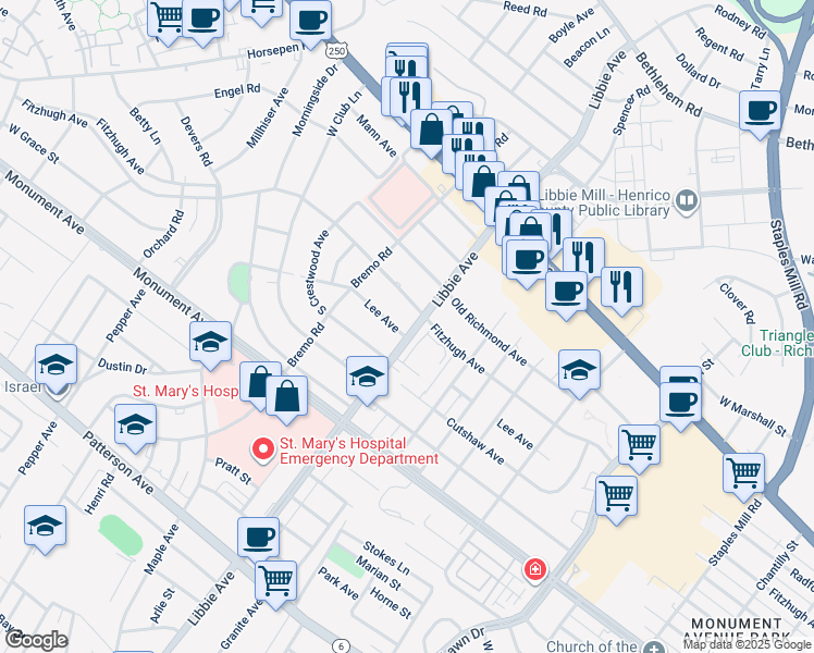 map of restaurants, bars, coffee shops, grocery stores, and more near 5800 Lee Avenue in Richmond