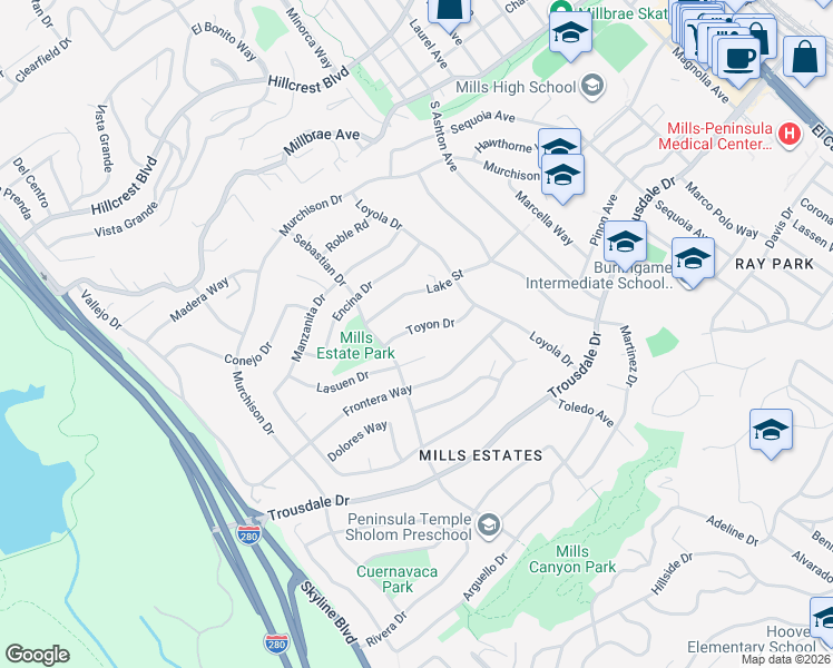 map of restaurants, bars, coffee shops, grocery stores, and more near 1259 Toyon Drive in Millbrae