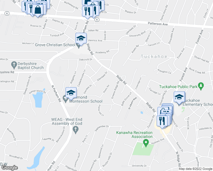 map of restaurants, bars, coffee shops, grocery stores, and more near 412 Keats Road in Richmond