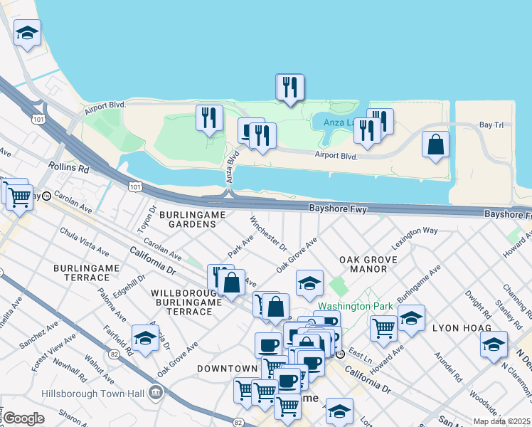 map of restaurants, bars, coffee shops, grocery stores, and more near 4 Winchester Place in Burlingame
