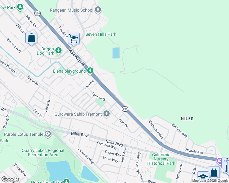 map of restaurants, bars, coffee shops, grocery stores, and more near 35490 Mission Boulevard in Fremont