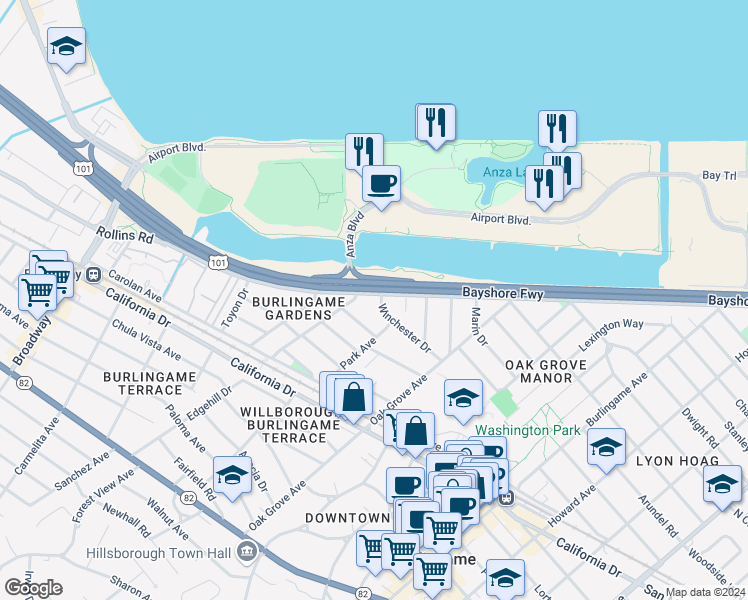map of restaurants, bars, coffee shops, grocery stores, and more near 821 Winchester Drive in Burlingame