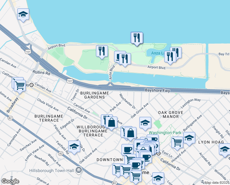 map of restaurants, bars, coffee shops, grocery stores, and more near 821 Winchester Drive in Burlingame