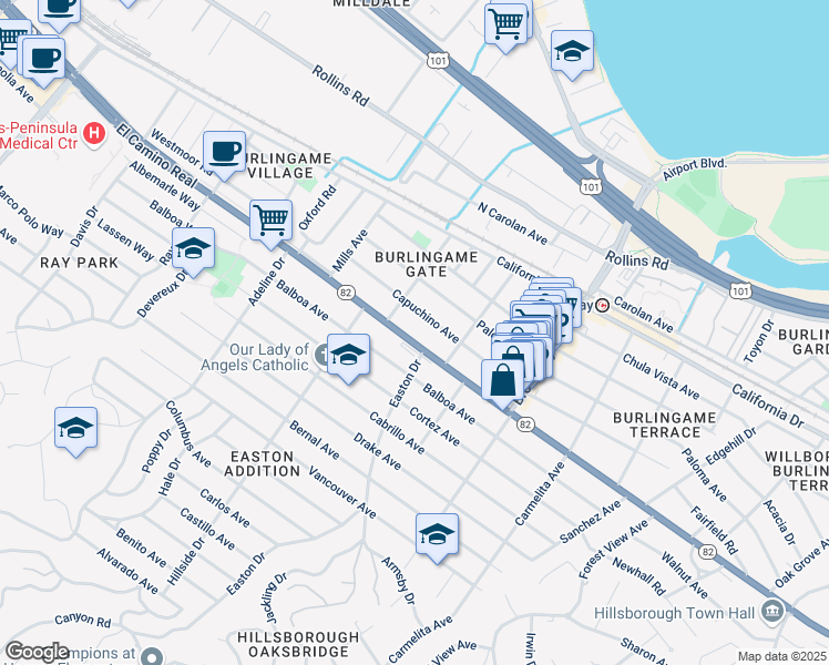 map of restaurants, bars, coffee shops, grocery stores, and more near 1341 Capuchino Avenue in Burlingame