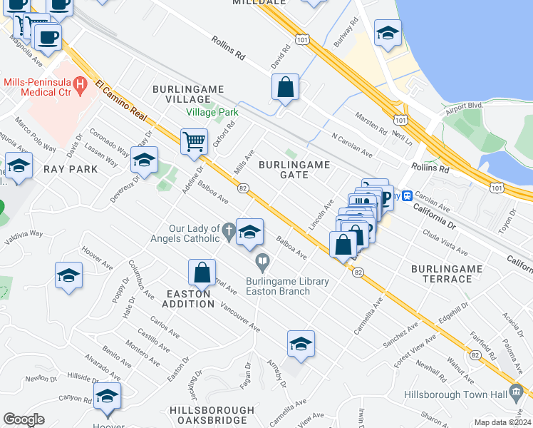 map of restaurants, bars, coffee shops, grocery stores, and more near 1345 California 82 in Burlingame