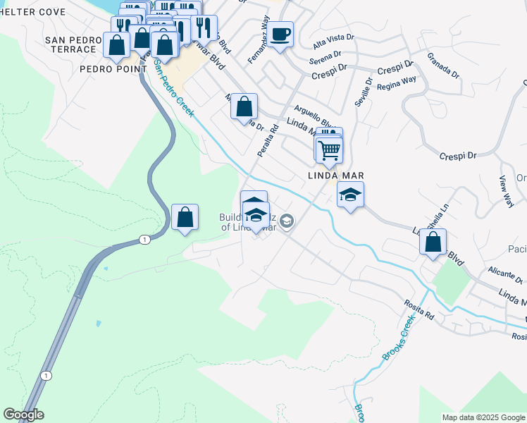 map of restaurants, bars, coffee shops, grocery stores, and more near 815 Rosita Road in Pacifica