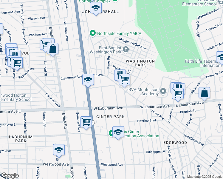 map of restaurants, bars, coffee shops, grocery stores, and more near 3815 Noble Avenue in Richmond