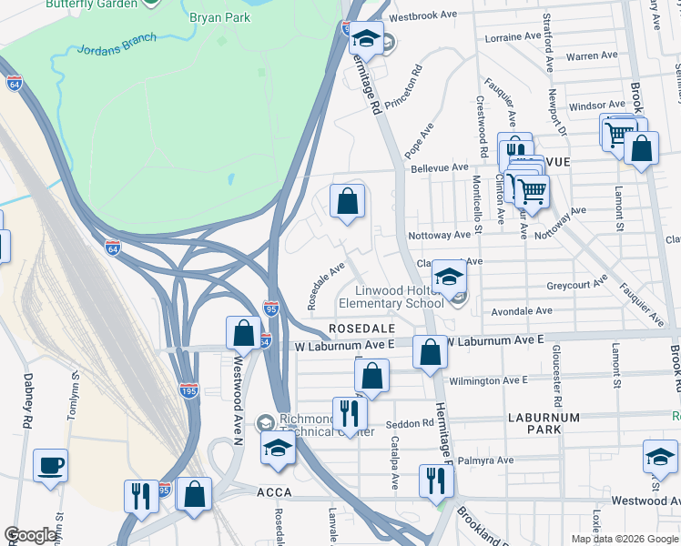 map of restaurants, bars, coffee shops, grocery stores, and more near 3922 Rosedale Avenue in Richmond