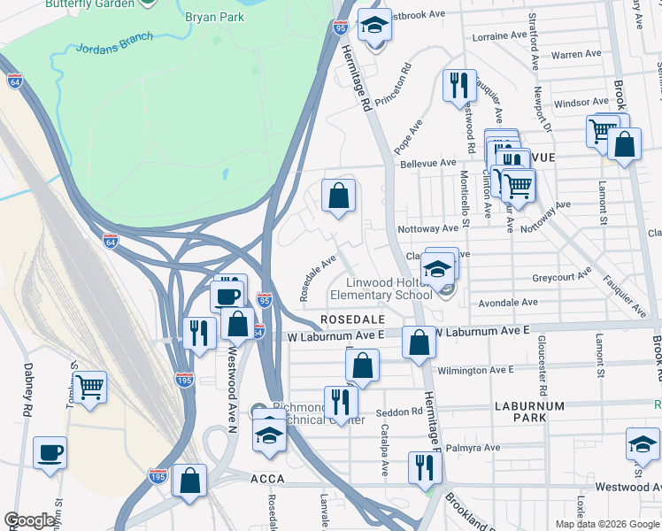 map of restaurants, bars, coffee shops, grocery stores, and more near 3922 Rosedale Avenue in Richmond