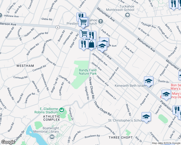 map of restaurants, bars, coffee shops, grocery stores, and more near 6701 Three Chopt Road in Richmond