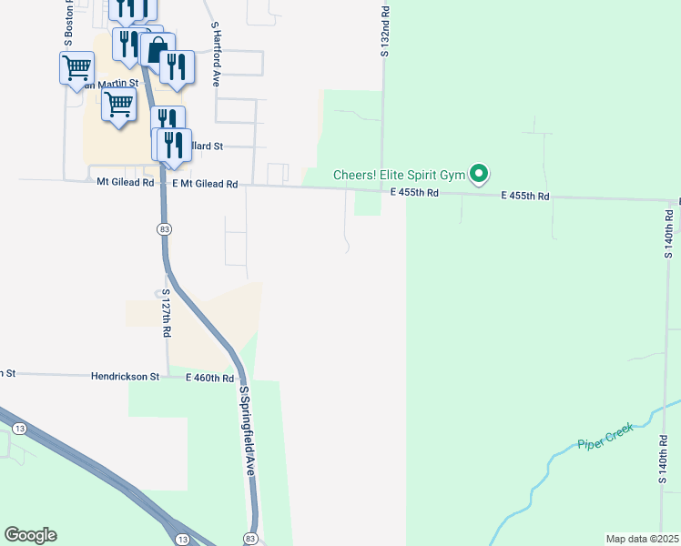 map of restaurants, bars, coffee shops, grocery stores, and more near 4598 South 131st Road in Bolivar