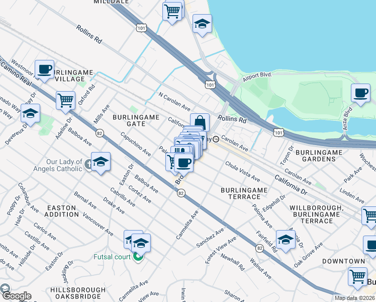 map of restaurants, bars, coffee shops, grocery stores, and more near 1228 Laguna Avenue in Burlingame