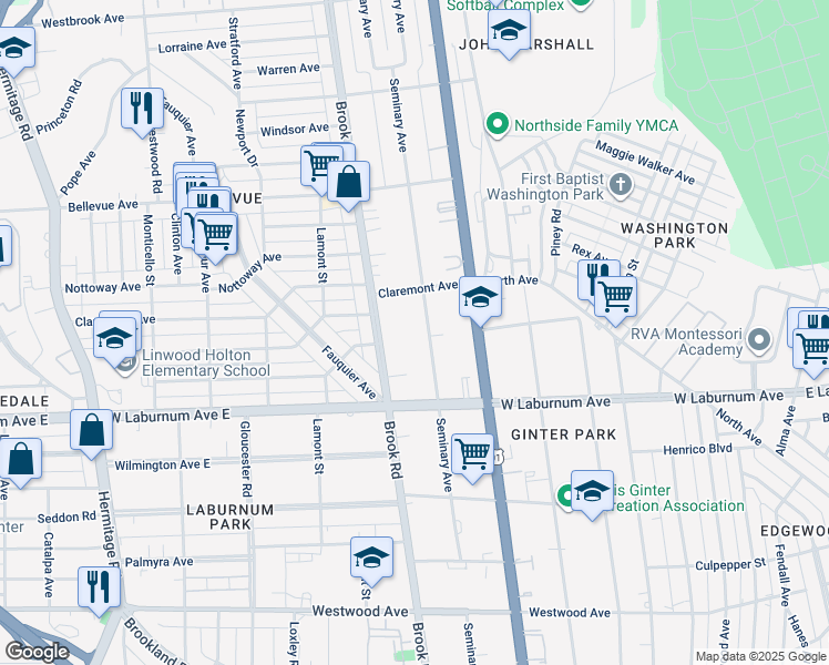 map of restaurants, bars, coffee shops, grocery stores, and more near 3814 Seminary Avenue in Richmond