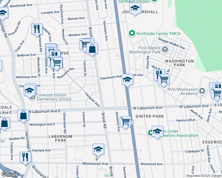 map of restaurants, bars, coffee shops, grocery stores, and more near 3814 Seminary Avenue in Richmond