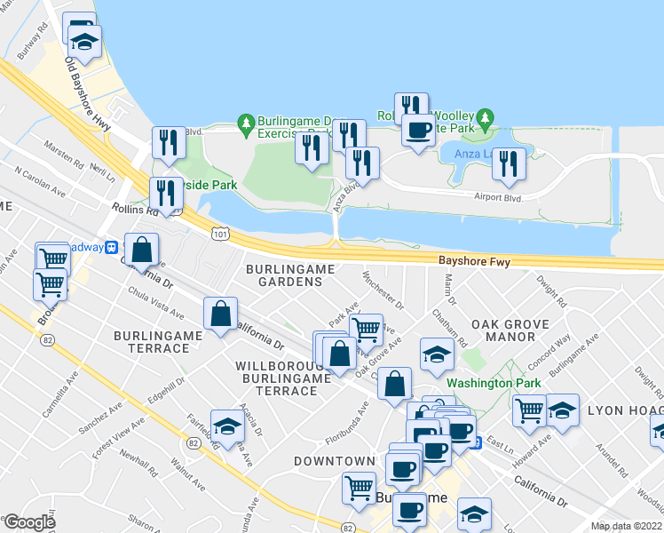 map of restaurants, bars, coffee shops, grocery stores, and more near 800 Morrell Avenue in Burlingame