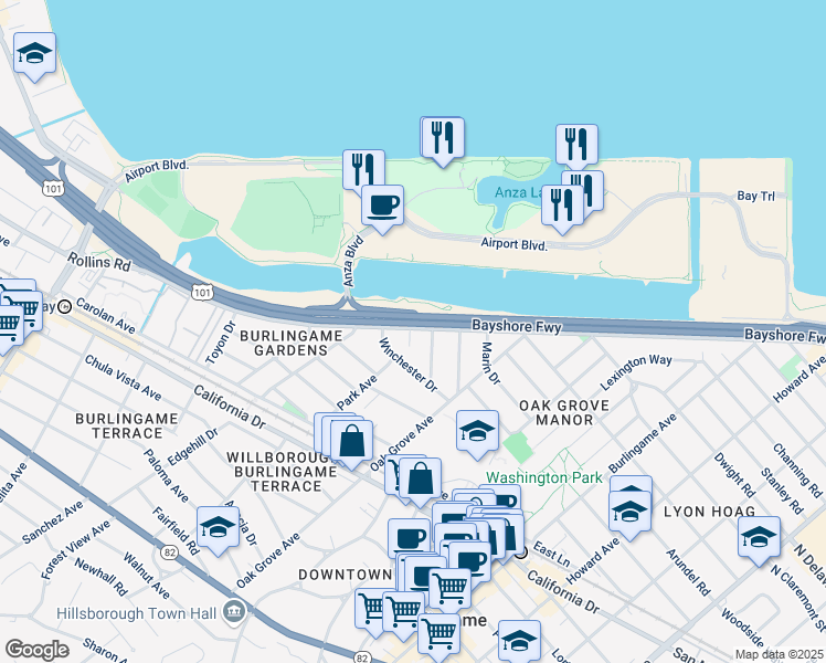 map of restaurants, bars, coffee shops, grocery stores, and more near 1 Winchester Place in Burlingame