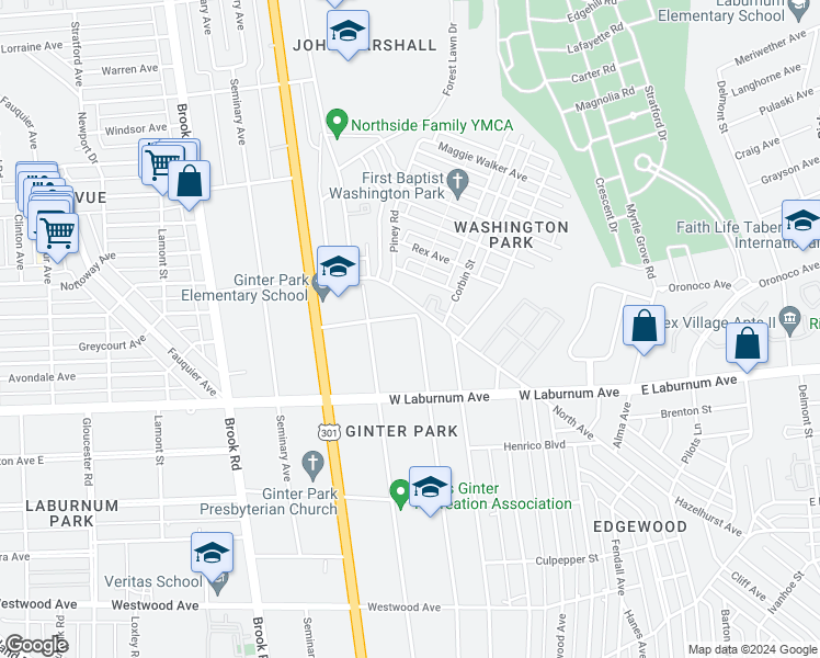 map of restaurants, bars, coffee shops, grocery stores, and more near 3816 Noble Avenue in Richmond