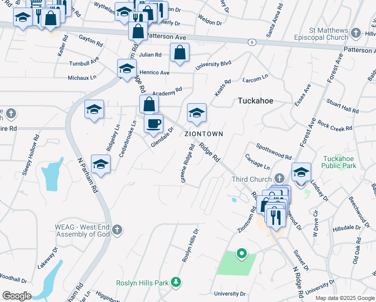 map of restaurants, bars, coffee shops, grocery stores, and more near 520 Greene Ridge Road in Richmond