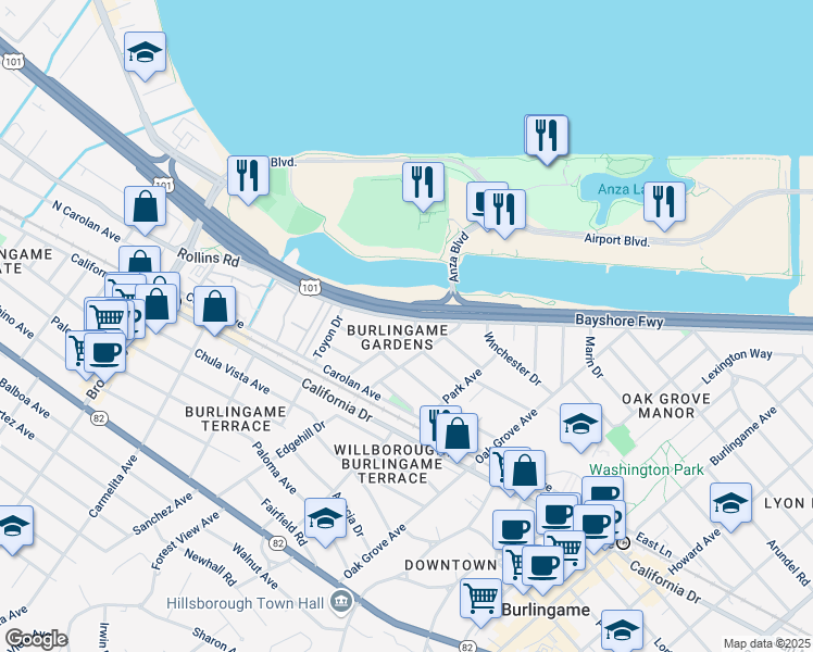 map of restaurants, bars, coffee shops, grocery stores, and more near 905 Rollins Road in Burlingame