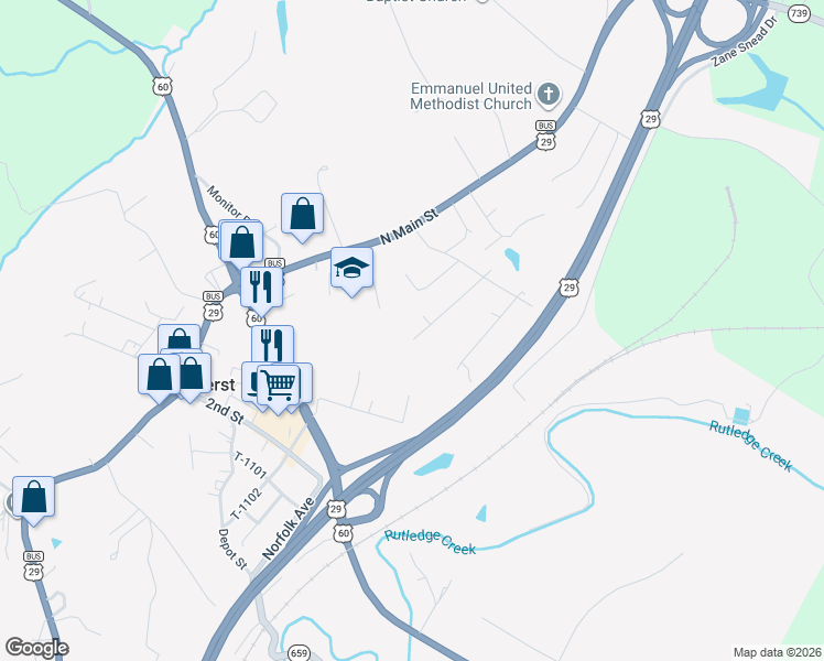 map of restaurants, bars, coffee shops, grocery stores, and more near 101 Maple Lane in Amherst