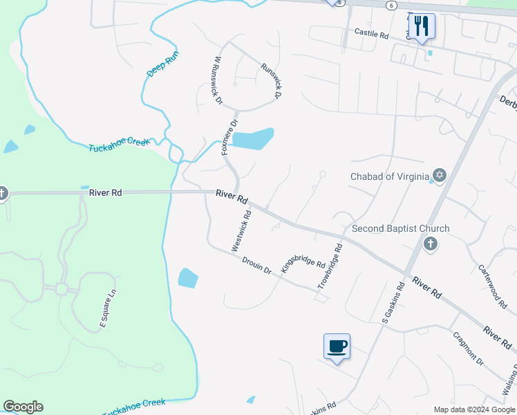 map of restaurants, bars, coffee shops, grocery stores, and more near 9999 River Road in Henrico