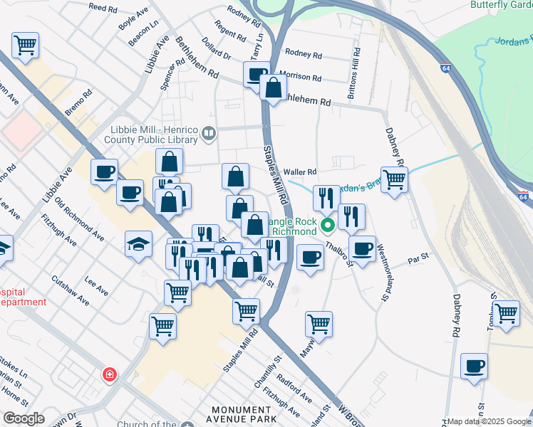 map of restaurants, bars, coffee shops, grocery stores, and more near 2110 Pinetree Drive in Richmond