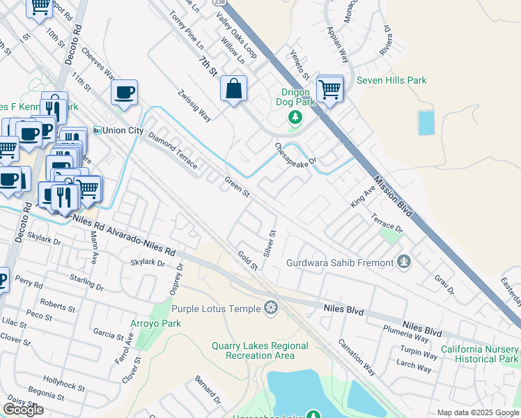 map of restaurants, bars, coffee shops, grocery stores, and more near 35966 Green St in Union City