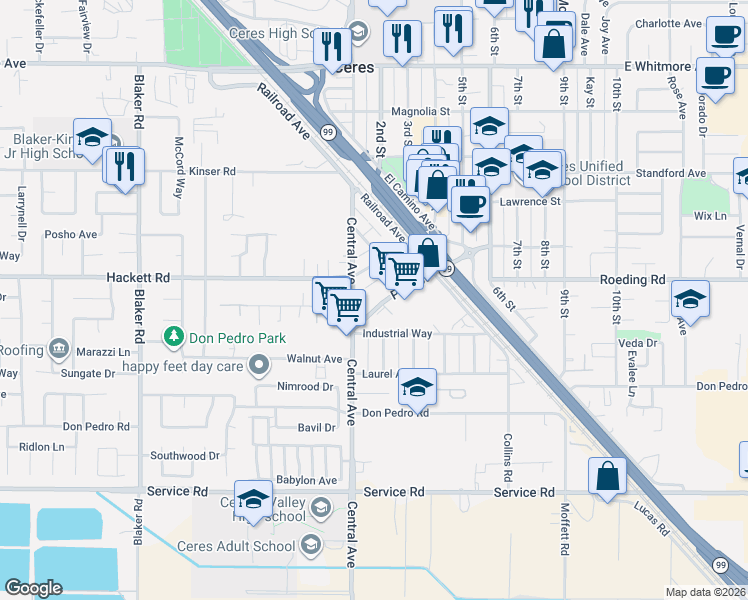 map of restaurants, bars, coffee shops, grocery stores, and more near 2143 Pine Street in Ceres