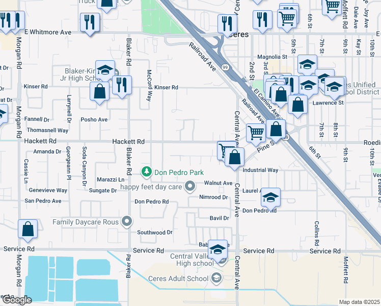 map of restaurants, bars, coffee shops, grocery stores, and more near 1844 Hackett Road in Ceres