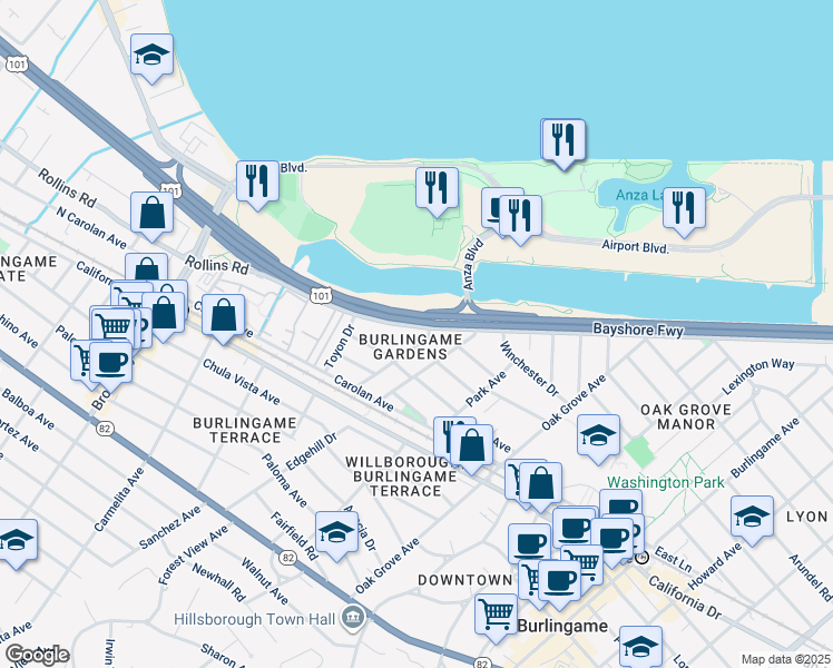 map of restaurants, bars, coffee shops, grocery stores, and more near 905 Rollins Road in Burlingame