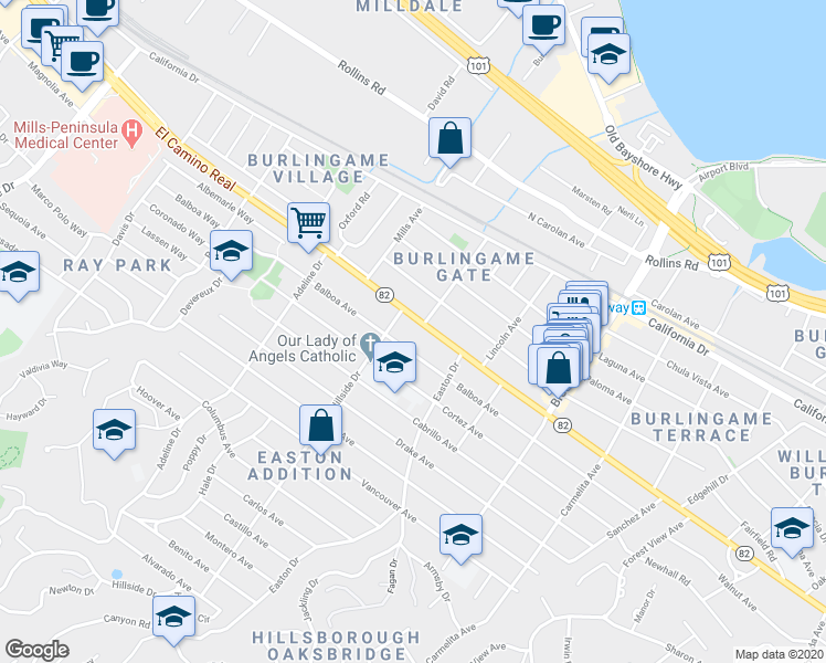 map of restaurants, bars, coffee shops, grocery stores, and more near 1345 California 82 in Burlingame