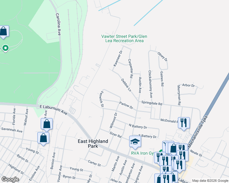 map of restaurants, bars, coffee shops, grocery stores, and more near 1704 Glenview Road in Richmond