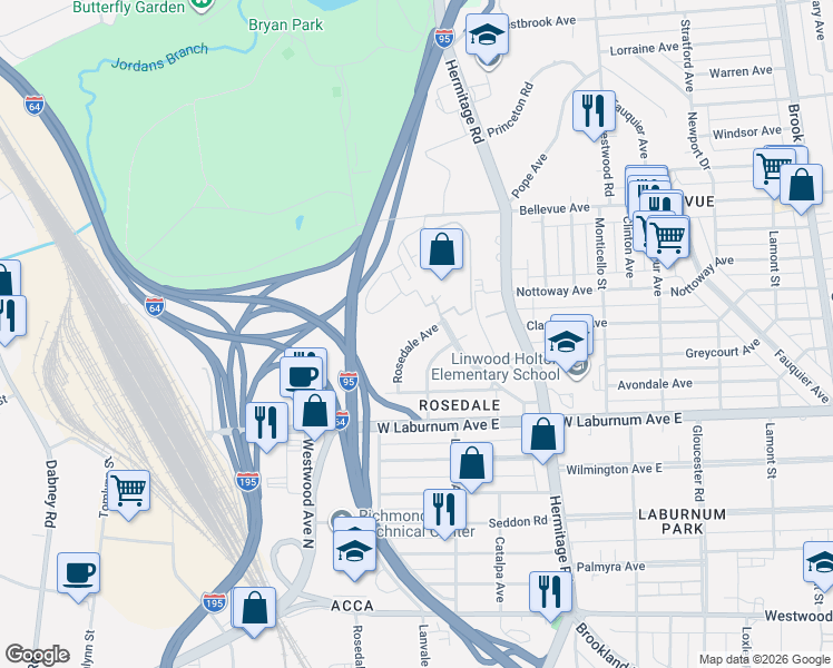 map of restaurants, bars, coffee shops, grocery stores, and more near 3922 Rosedale Avenue in Richmond