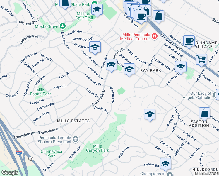 map of restaurants, bars, coffee shops, grocery stores, and more near 2600 Martinez Drive in Burlingame