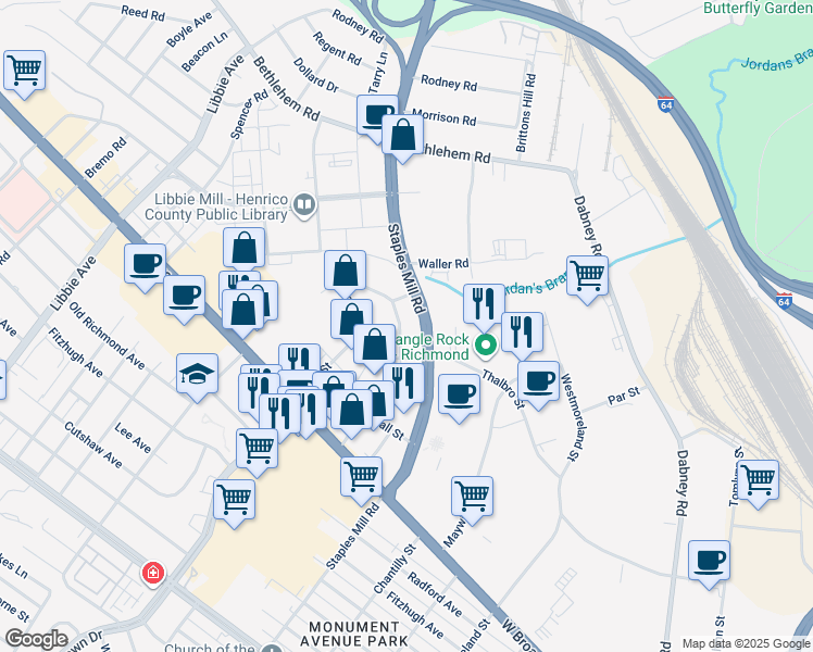 map of restaurants, bars, coffee shops, grocery stores, and more near 2111 Pinetree Drive in Richmond