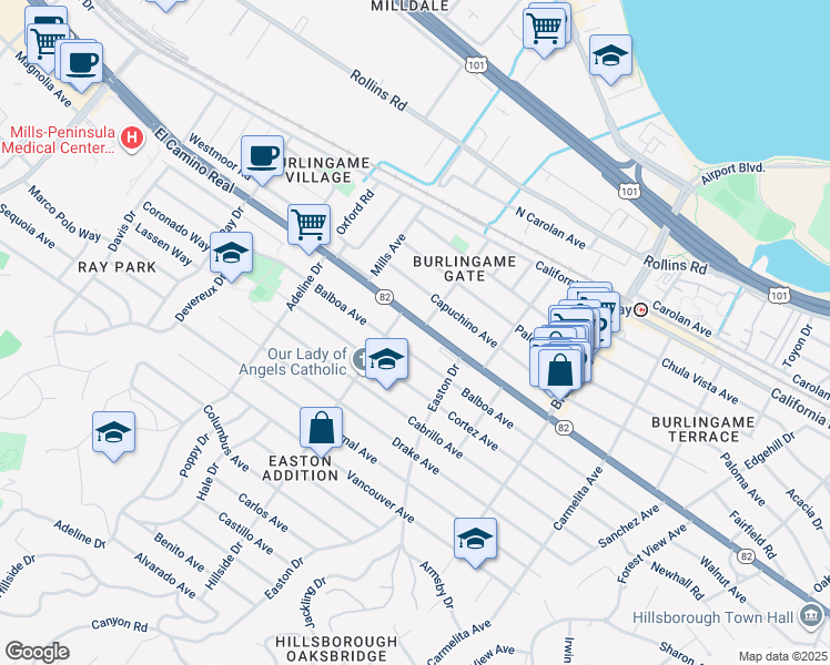 map of restaurants, bars, coffee shops, grocery stores, and more near 1335 El Camino Real in Burlingame