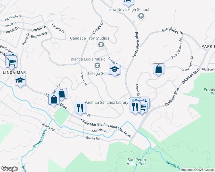 map of restaurants, bars, coffee shops, grocery stores, and more near 1135 Banyan Way in Pacifica