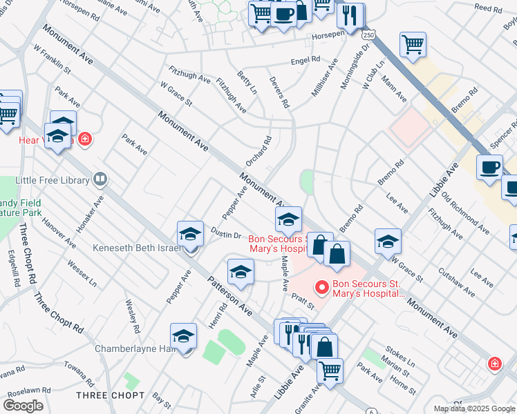 map of restaurants, bars, coffee shops, grocery stores, and more near 6216 West Franklin Street in Richmond