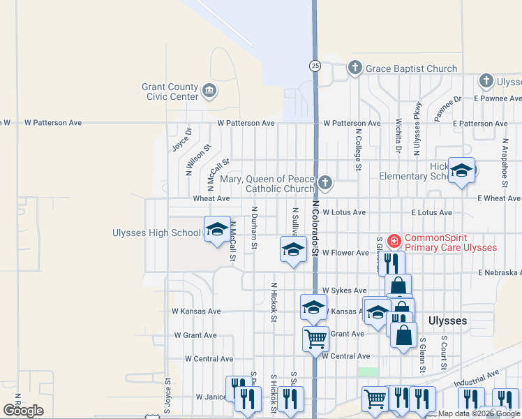 map of restaurants, bars, coffee shops, grocery stores, and more near 704 North Durham Street in Ulysses