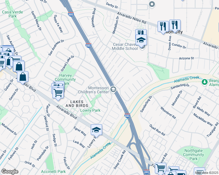 map of restaurants, bars, coffee shops, grocery stores, and more near 33080 Lake Mead Drive in Fremont