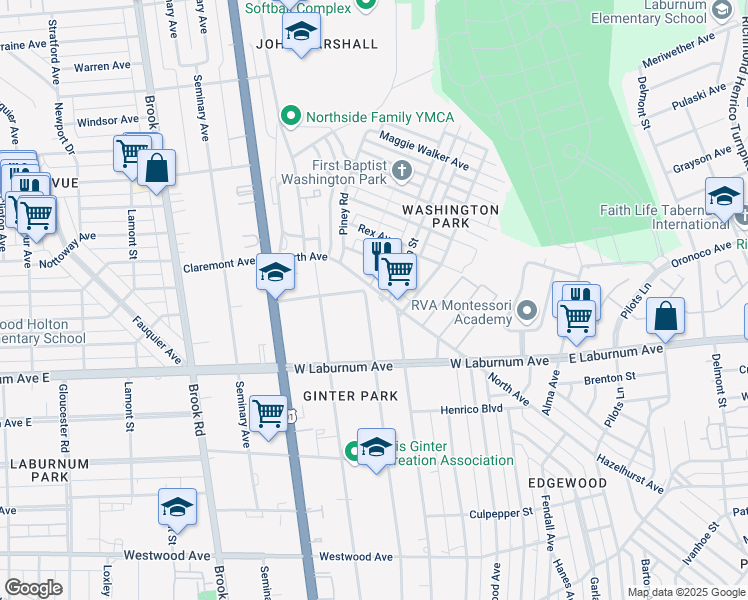 map of restaurants, bars, coffee shops, grocery stores, and more near 3815 Noble Avenue in Richmond