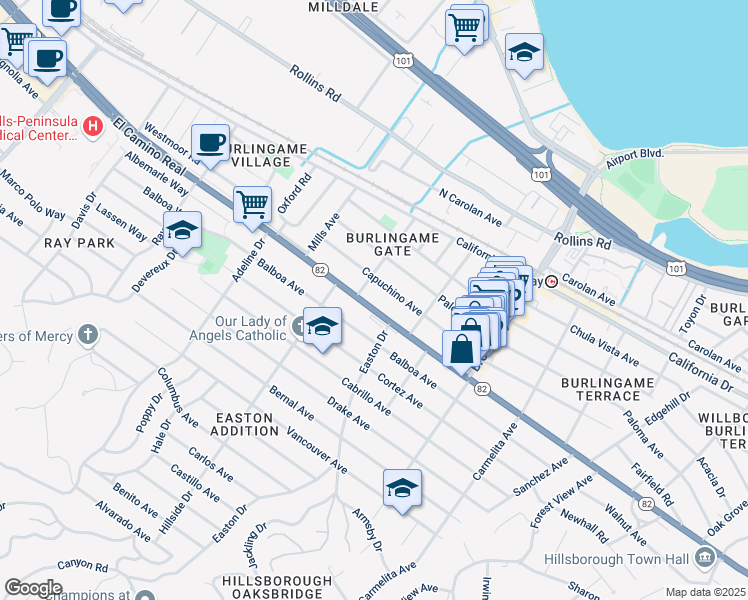 map of restaurants, bars, coffee shops, grocery stores, and more near 1341 Capuchino Avenue in Burlingame
