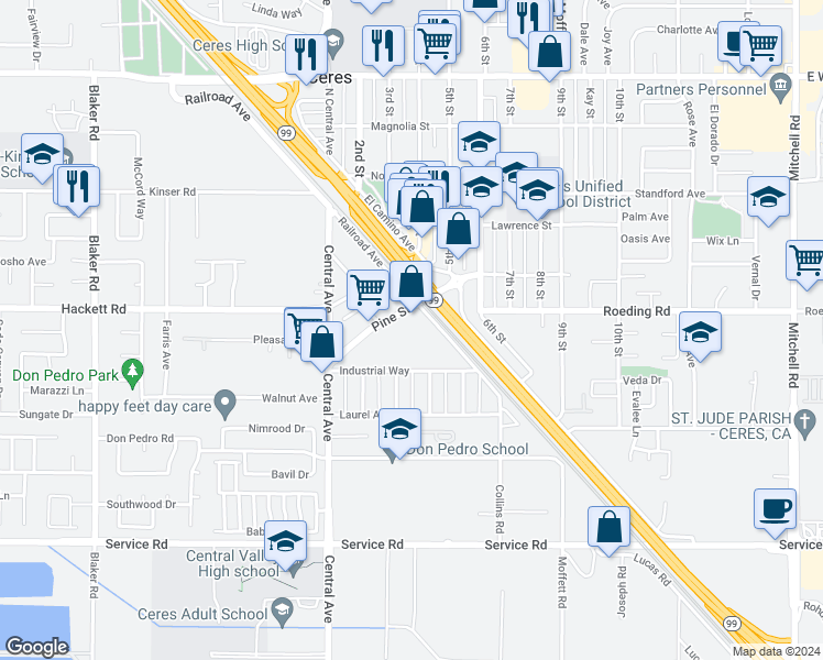 map of restaurants, bars, coffee shops, grocery stores, and more near 3421 Railroad Avenue in Ceres