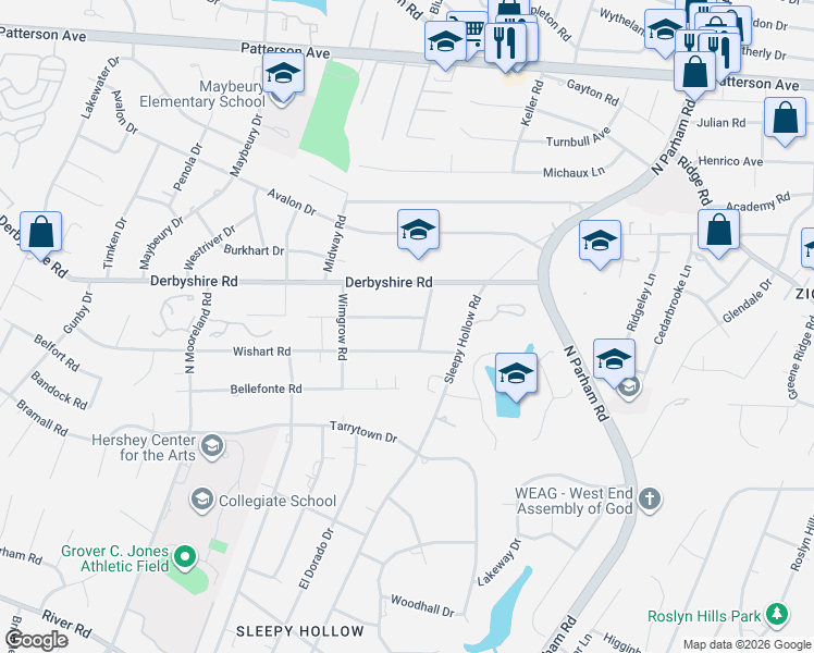 map of restaurants, bars, coffee shops, grocery stores, and more near 505 Wadeward Road in Richmond