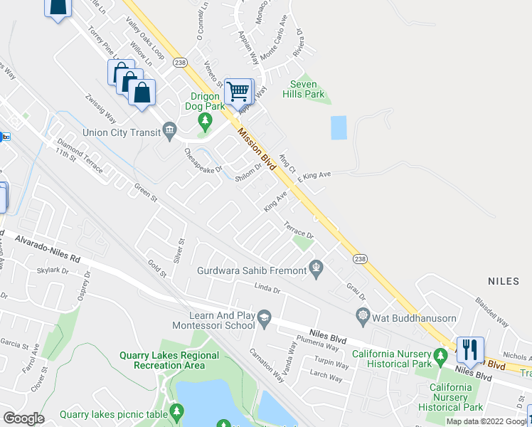 map of restaurants, bars, coffee shops, grocery stores, and more near 318 King Avenue in Fremont